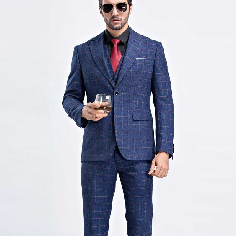 

YUSHU British Style Suit Men Blue Plaid Single Breasted Wedding Groom Suit Formal Business Blazers Sets Plus Size 3XL