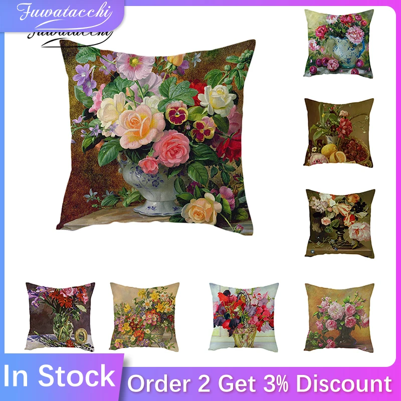 Льняная Подушка с цветочным принтом Fuwatacchi наволочка розовыми и цветами цветными