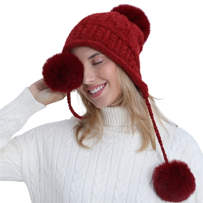 

Women Winter Plush Lined Thick Cable Knit Chenille Beanie Hat Pompom Earflap Cap N58F