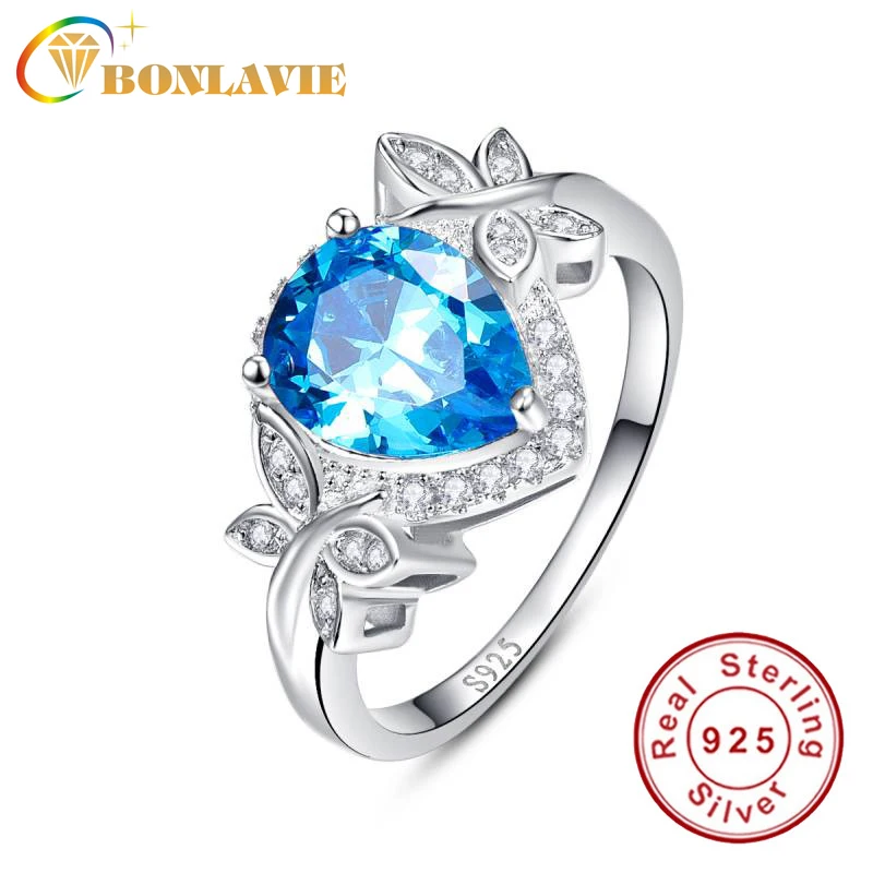 BONLAVIE Pear 3.85ct Natural Blue Topaz Birthstone Butterfly Decoration Solitaire Ring For Women Real 925 Sterling Silver | Украшения и