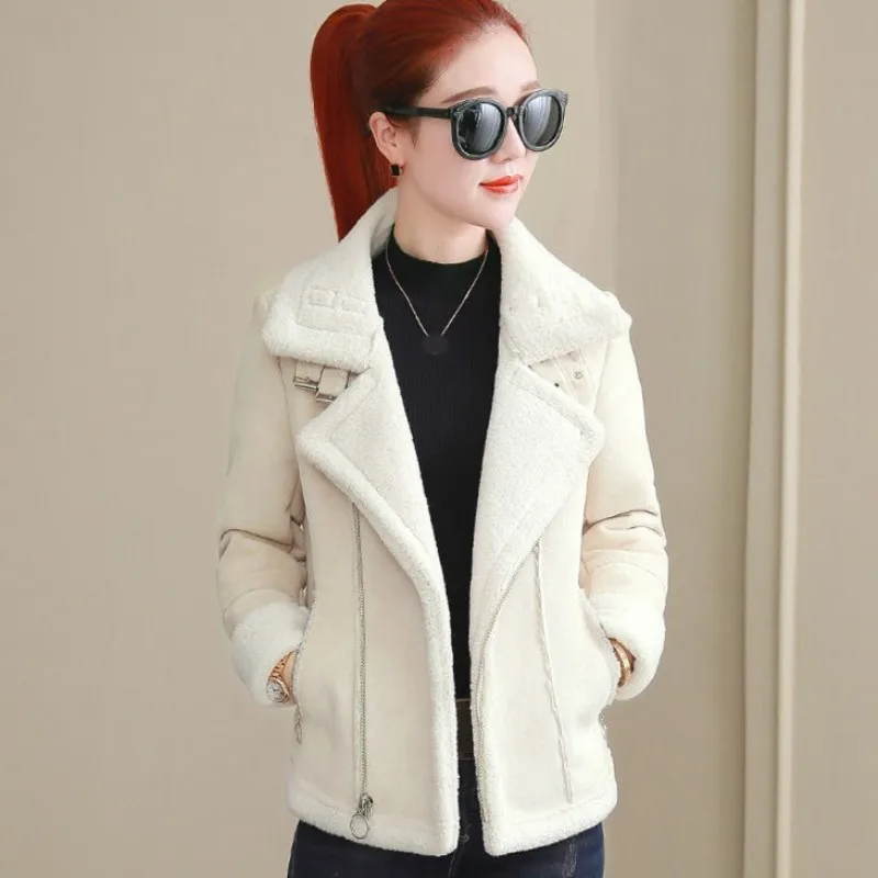 

Suede Lambswool Motorcycle Jacket Female Autumn Winter New Loose Thicken Warm Short Coats Fashion Zipper Pink Outerwear S-2XL