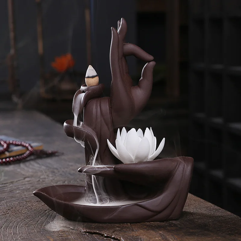 Kaufen Lila Ton Rückfluss Weihrauch Brenner Lotus Buddha Hand Nahtlose Weiß Porzellan Handgemachte Blume Zen Rückfluss Aromatherapie Herd