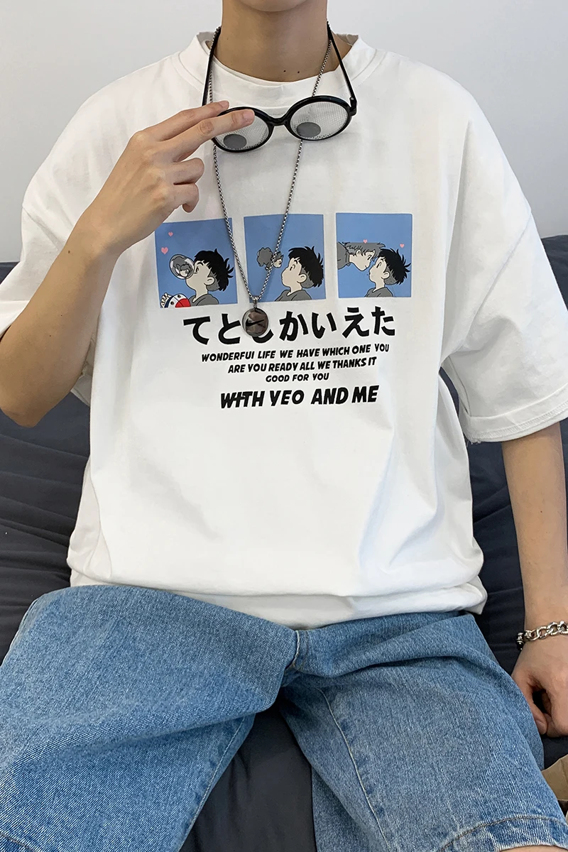 

Short-Sleeved T-shirt Men's Summer Couple Cartoon Printed Half Sleeve Ins Trendy Loose T-shirt