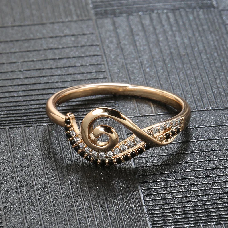 

Luxury Female White Black Crystal Ring Charm Rose Gold Color Wedding Rings For Women Cute Bride Wave Zircon Engagement Ring