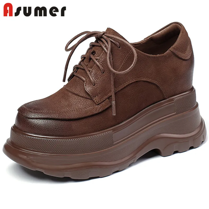 

Женские туфли на танкетке Asumer, из натуральной кожи, с круглым носком, на шнуровке, винтажные туфли-лодочки, 2021