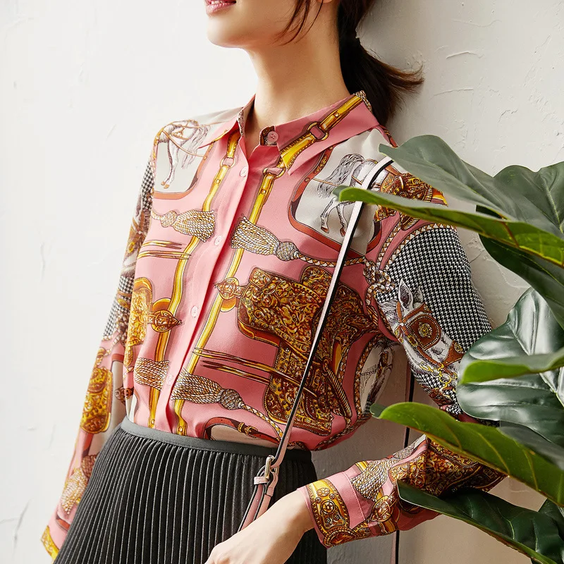 

New Horse printed pure silk shirt spring 2020 mulberry silk blouse women s long sleeve shirt