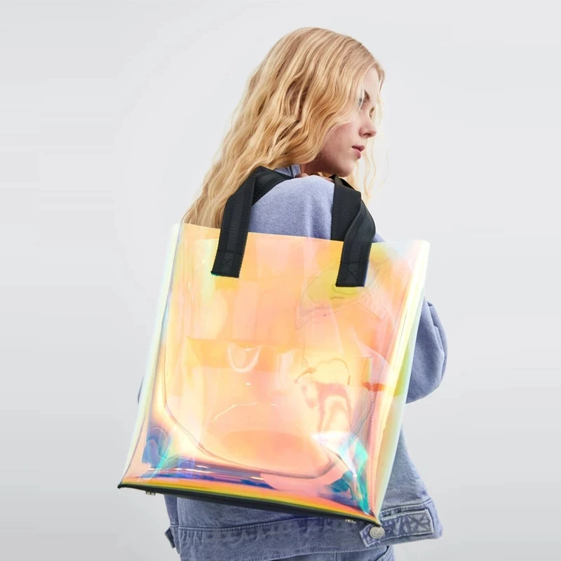 Female Bag Laser Hologram Transparent Bag Original Brand Shoulder Bag PVC Clear Big Tote Bags  Beach Large Capacity Shopping Bag