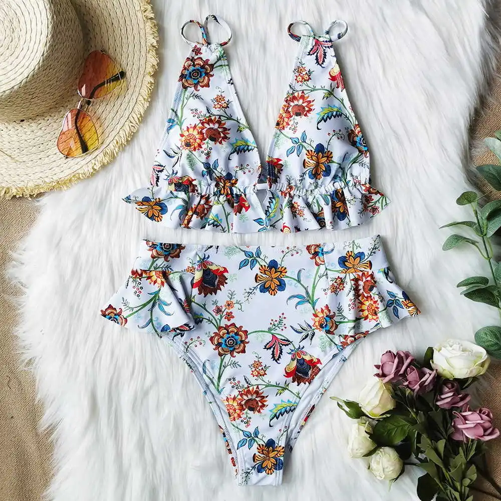

2021 Sexy Leaf Print Bikini Set Sexy Bathing Suit Cute Swimwear Women Swimsuit Ruffle Bikini High Waist Maillot De Bain