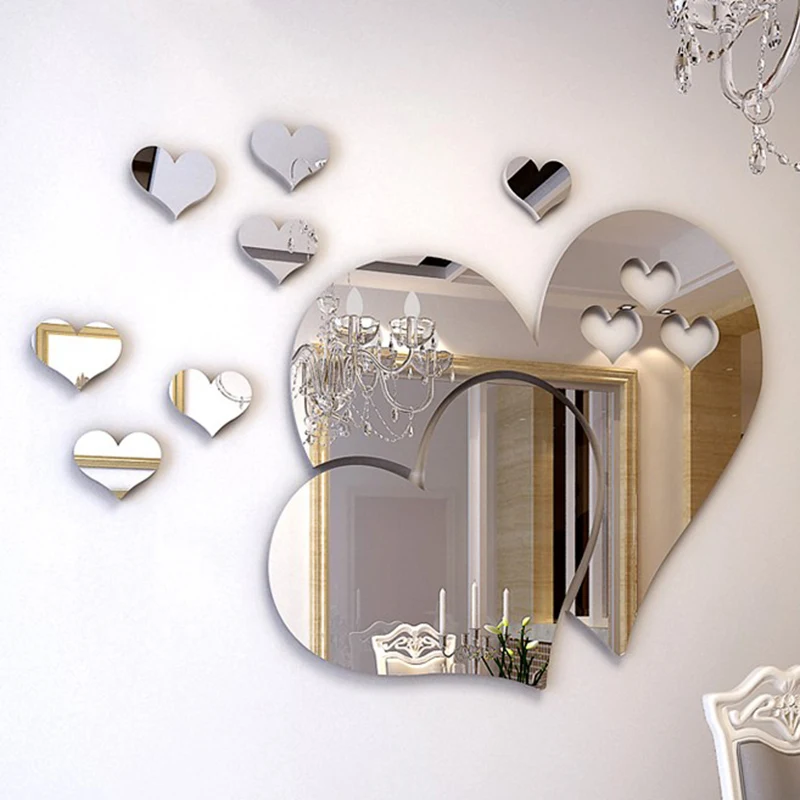 Зеркальные любовь сердца 3D Наклейка на стену самоклеящаяся современная домашняя