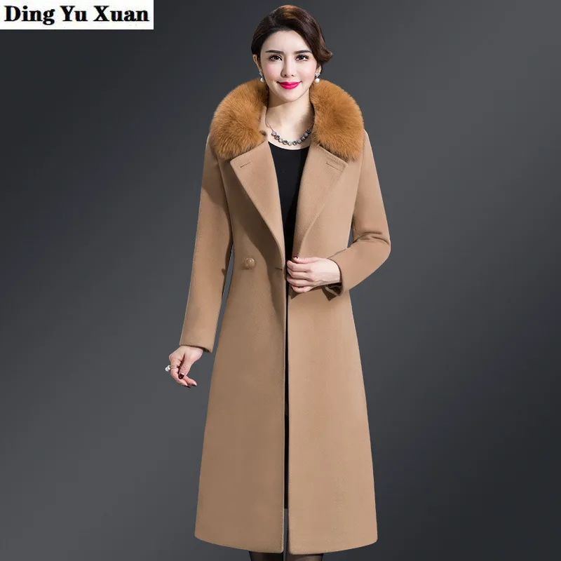 

Autumn Winter Faux Fox Fur Collar Long Wool Coat for Women Slim Fit Thick Trench Coat Tie Belt Womens Red Khaki Purple Overcoat