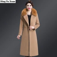 autumn winter faux fox fur collar long wool coat for women slim fit thick trench coat tie belt womens red khaki purple overcoat
