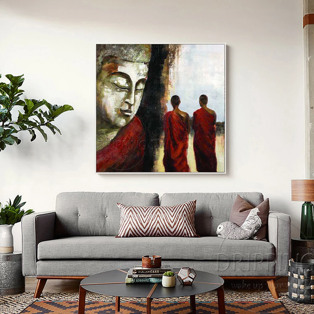 Дешевая цена высокое качество ручная роспись Будды и буддийского монаха картина