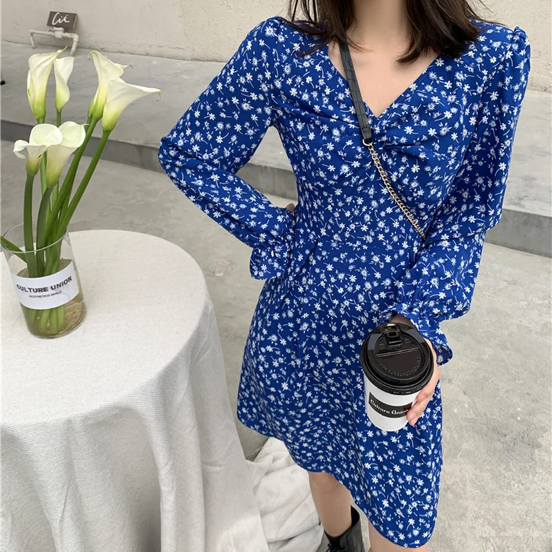 Женское синее платье с цветочным рисунком весна лето 2021 корейское модное женское