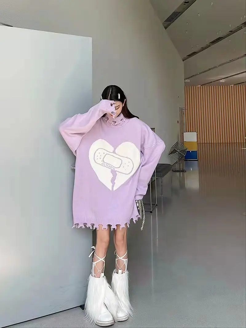 

Turtle Neck Autumn Winter Women Sweaters Pullovers 2021 Streetwear Y2k Warm Female Knitted Pullover Loose Heart Knitwear Jumper