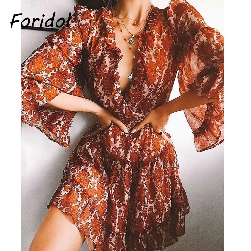 

Шифоновые Комбинезоны Foridol с расклешенными рукавами, комбинезоны с оборками и широкими штанинами, повседневные пляжные летние комбинезоны ...