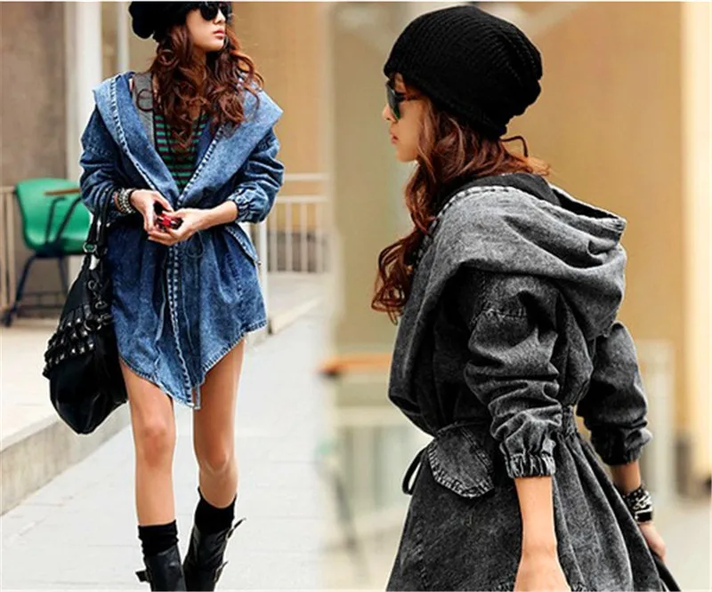 

2020 Loose Large Size Cloak Laced with A Cap Waist Waist Denim Long Windbreaker Female Groot Womens Trench Coats Clothes