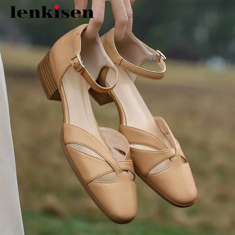 

Lenkisen preppy style vintage sheep leather hollow maiden square toe low heel buckle straps pretty girls gentlewomen pumps L31