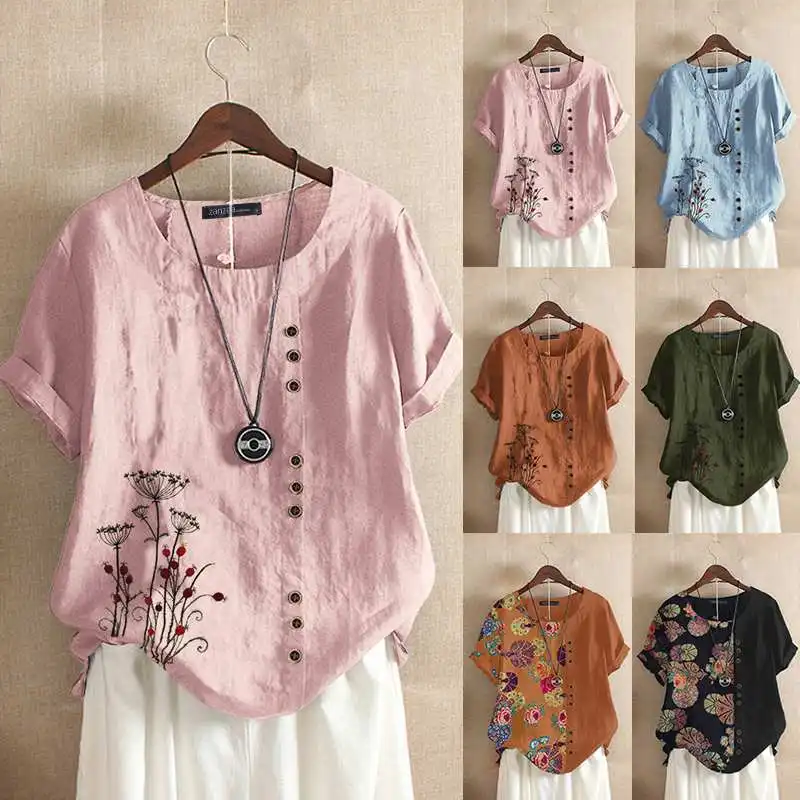 

2021 Summer Printed Blouse ZANZEA Women Casual O Neck Shirts Vintage Short Sleeve Cotton Linen Tunic Tops Female Chemise Blusas