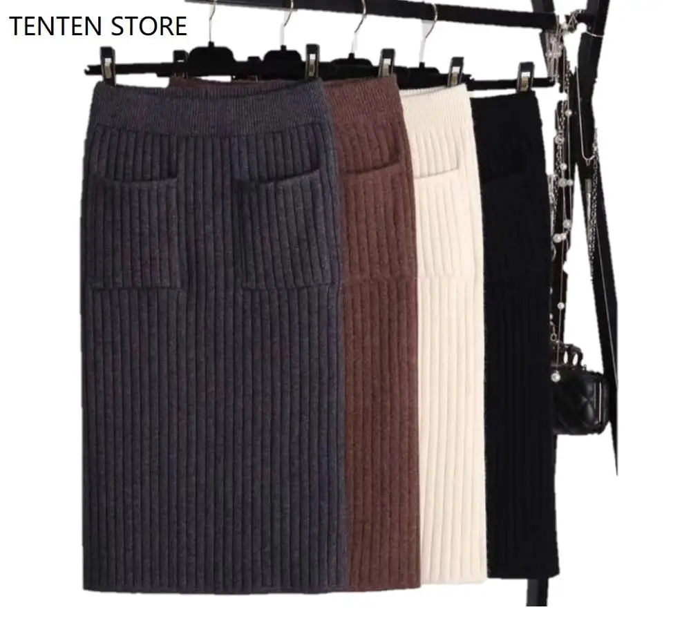 

Женская трикотажная юбка-карандаш, элегантная винтажная юбка до середины икры стрейч с высокой талией, Осень-зима облегающая юбка миди