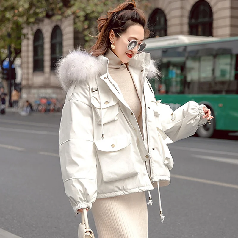 

Ailegogo Large Natural Fur Hooded New Winter Jacket Women 90% White Duck Down Coats Thicken Warm Female Parkas Loose Snow Coat
