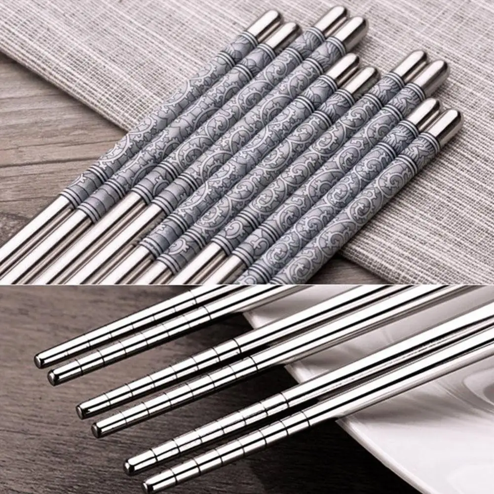 1 пара из нержавеющей стали Палочки для еды с белым цветочным узором портативные Китайские Длинные палочки для еды многоразовые палочки для еды