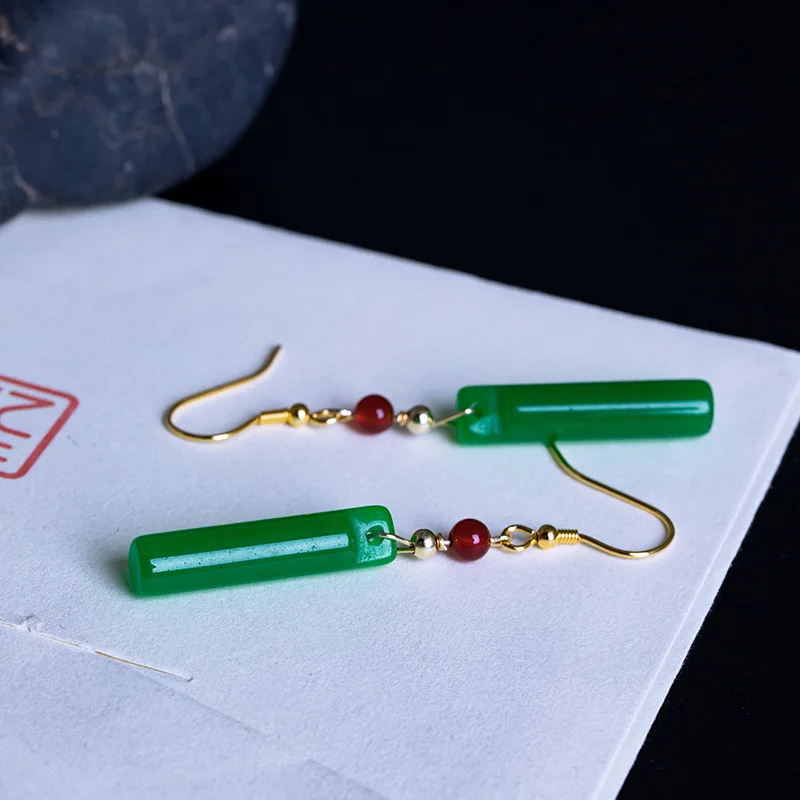 Серьги-Крючки из стерлингового серебра 925 пробы с натуральным нефритовым камнем