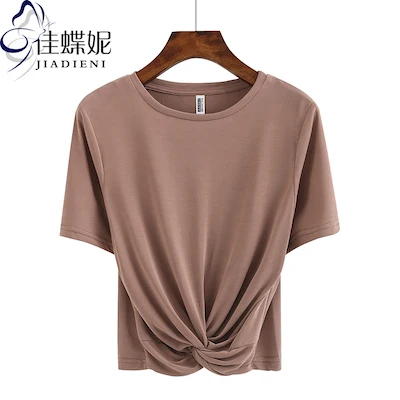 short - brown red Новое поступление весна-лето, модная короткая футболка в Корейском стиле с длинными рукавами и круглым воротником, популярная Повседневная футболка - Цвет: short - brown red