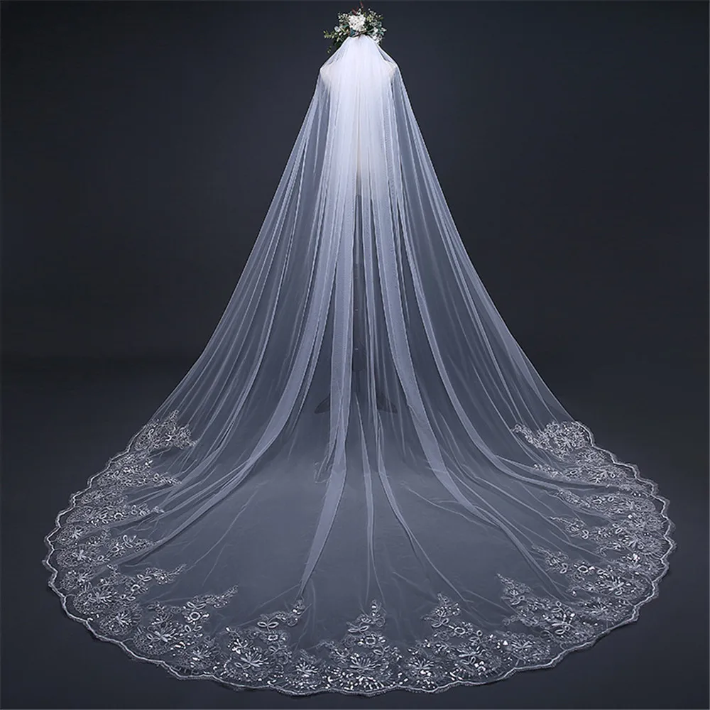 

3 Meter White Ivory Cathedral Wedding Veils Long Lace Edge Bridal Veil with Comb Wedding Accessories Bride Veu Capas De Boda