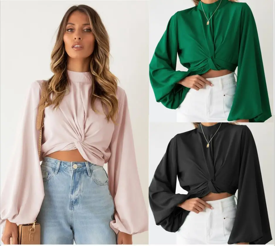 

Women Autumn Blouse Ladies Fashion Elegant Solid Color Round Neck Long Sleeve Knotted Crop Tops