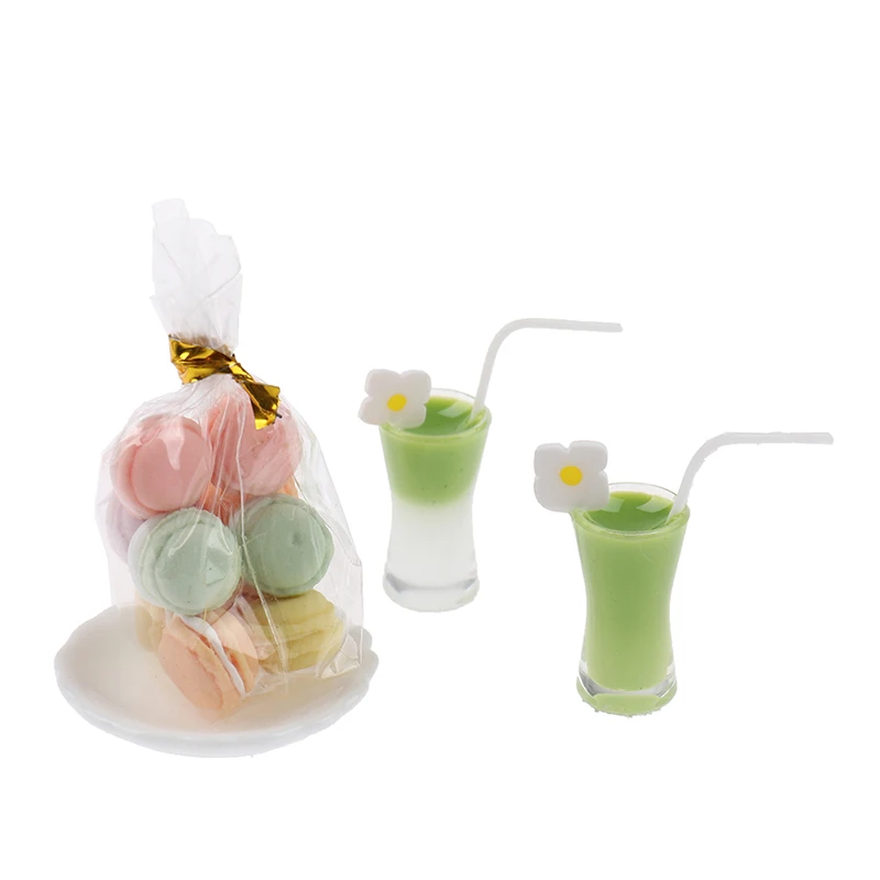 

New 1:12 Dollhouse Miniature Pan Of Blueberry Strawberry Cream Pancakes ＆ Macaroon Cocktail Drink Plate For Dollhouse Decoration