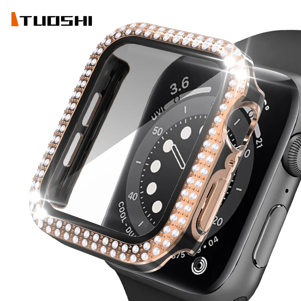 

Diamond Screen Protector Case for Apple Watch Series 6 5 4 3 SE IWatch Shell 44mm 40mm 42mm 38mm Two-color Bumper Cover + Glass
