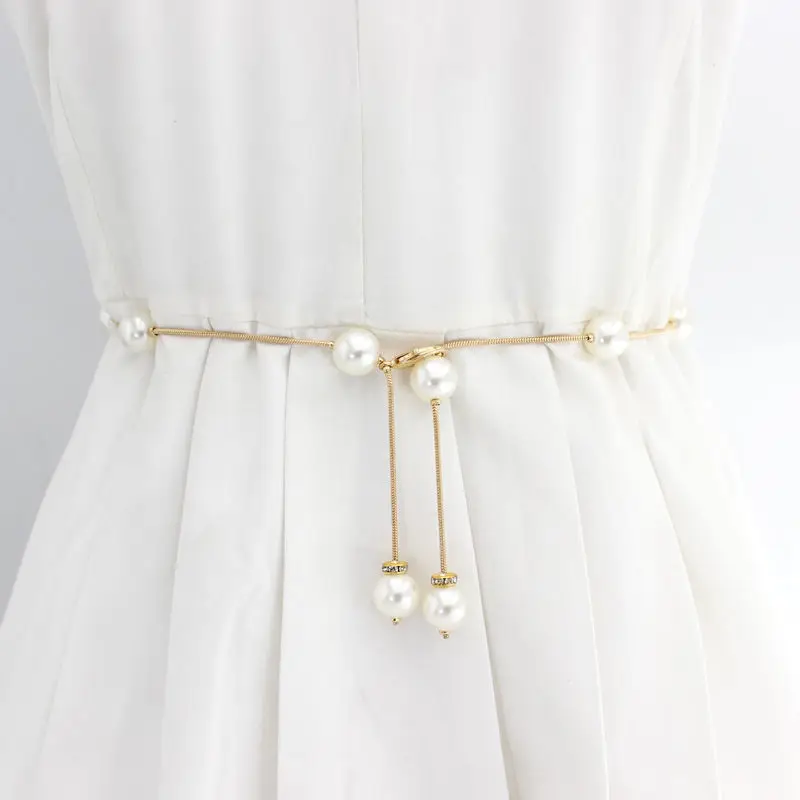 

Ladies Adjustable Pearls Chain Belt Women Luxury Brand Design Simple Style Decor Dress Thin Skinny Waist Belt