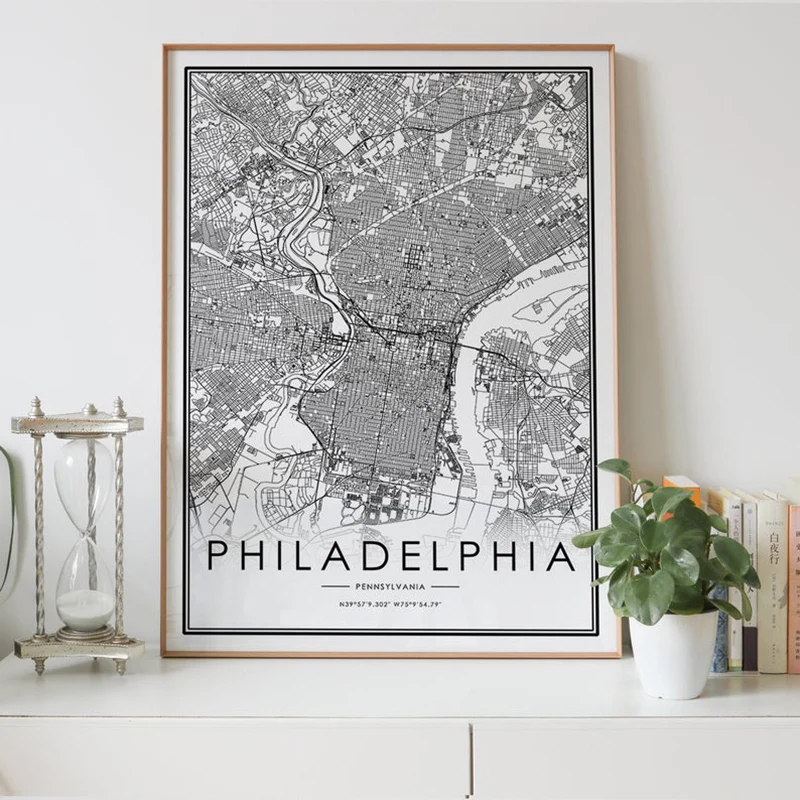 Карта города Филадельфия цифровая загрузка черно белая печать Пенсильвания па