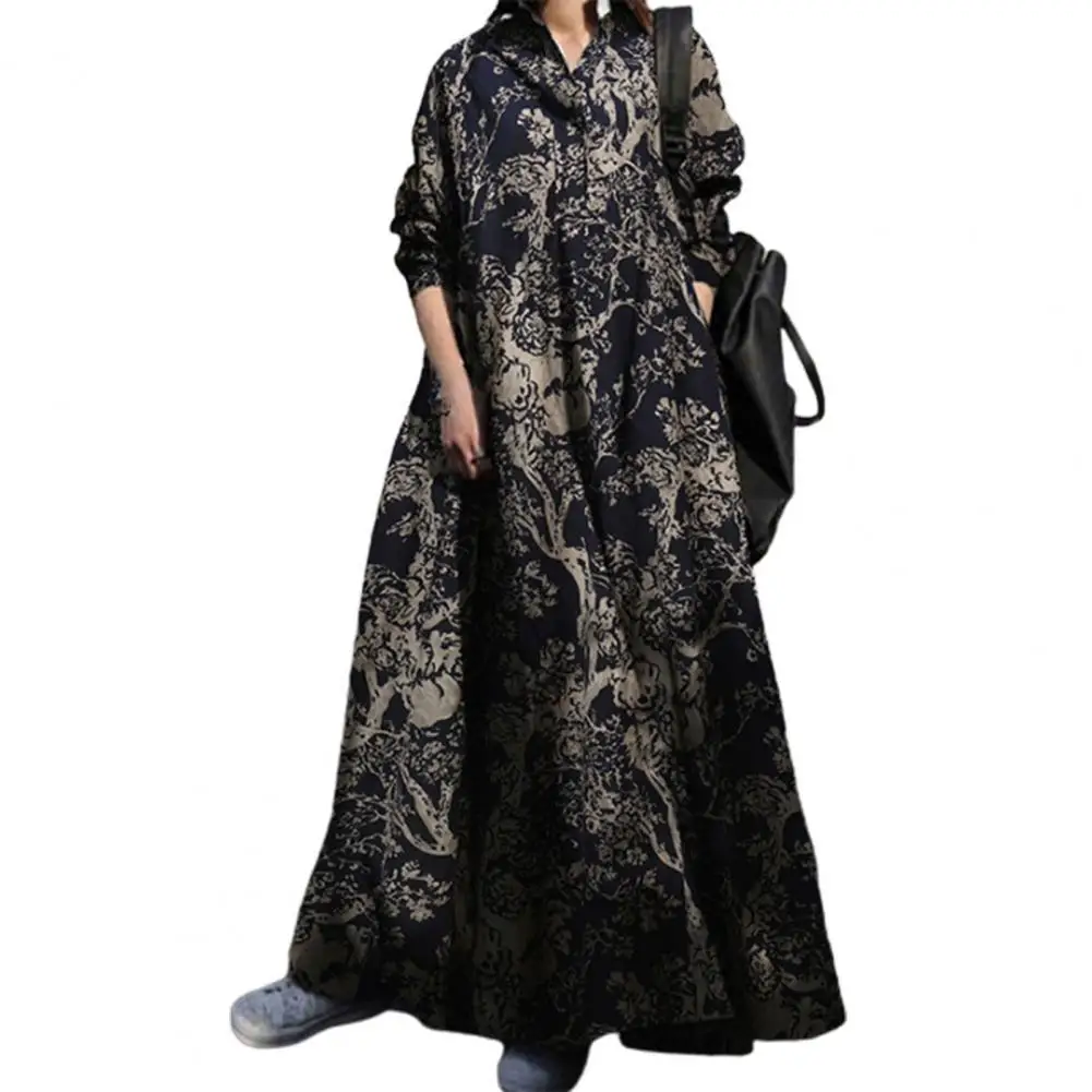 

Vintage Long Dress Women Turn-down Collar Floral Printed Large Hem Long Sleeve Floor-length Lady Maxi Dresses Loose