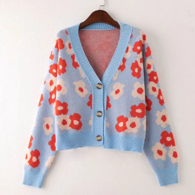 

Floral Women's Sweater V-neck Knitted Long Sleeve Cardigan For Women 2021 Autumn Casual Loose All-match Sweet Ladies Top Female