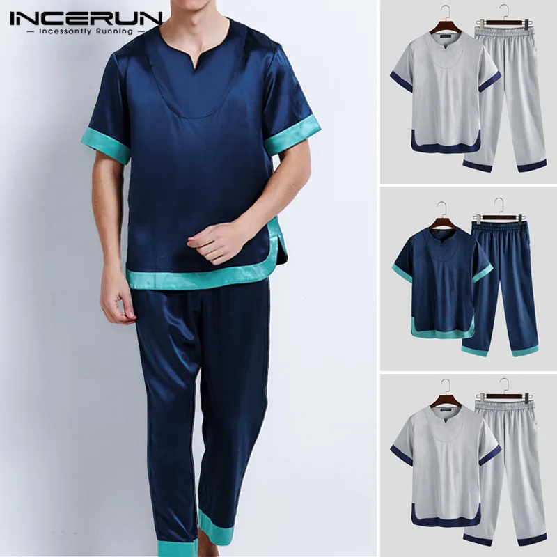

INCERUN Fashion Patchwork Men Pajamas Sets Breathable V Neck Soft Short Sleeve Sleepwear Tops Pants Mens Nightwear Sets Homewear
