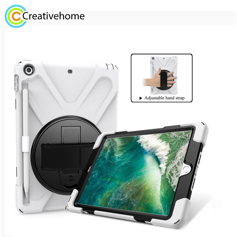 

Для iPad 9,7 (2018) и (2017) Вращающийся на 360 градусов силиконовый защитный чехол с держателем и ремешком на руку, длинным ремешком и слотом для карандаша