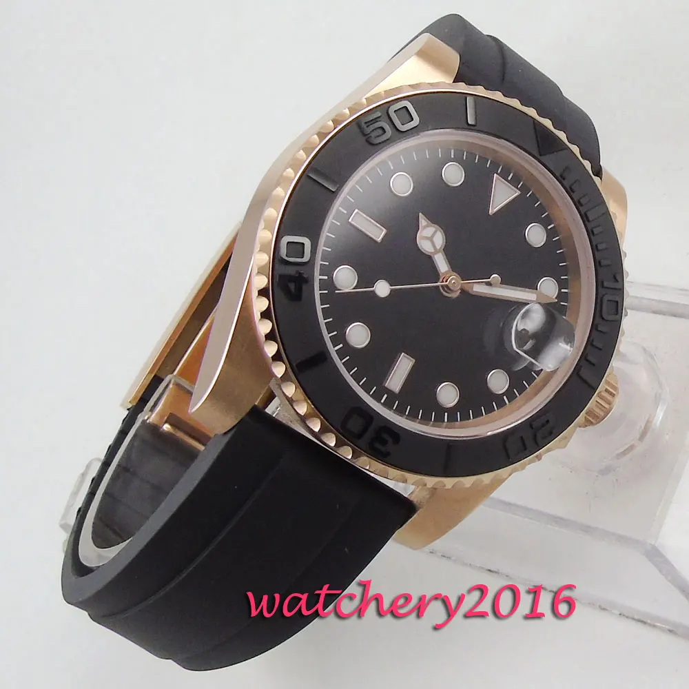 Мужские часы 40 мм черный циферблат розовое золото чехол сапфировое стекло