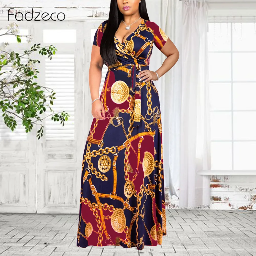 Fadzeco летние африканские платья для женщин Дашики с принтом цепей сексуальное