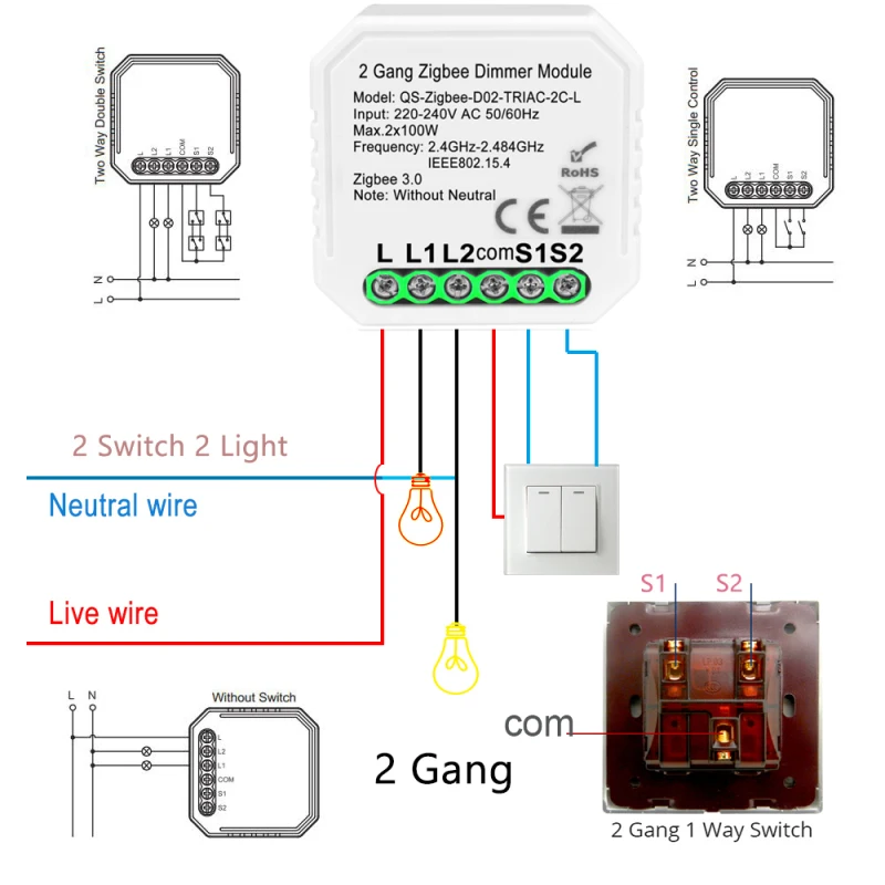 Пульт дистанционного управления Tuya Zigbee 1/2 без нейтрального реле Модуль