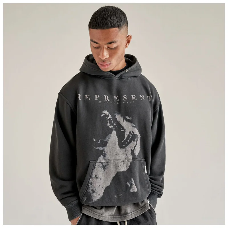 

Новинка Зима 2022 Мужская толстовка в европейском уличном стиле с принтом горного волка в стиле ретро свободная толстовка большого размера