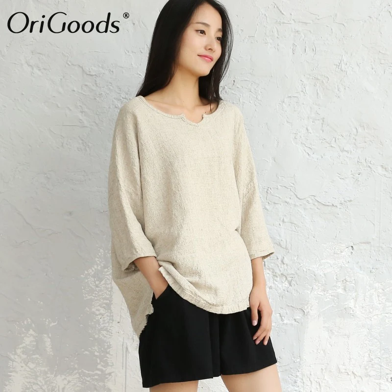 Оригинальная винтажная льняная женская блузка большого размера однотонная