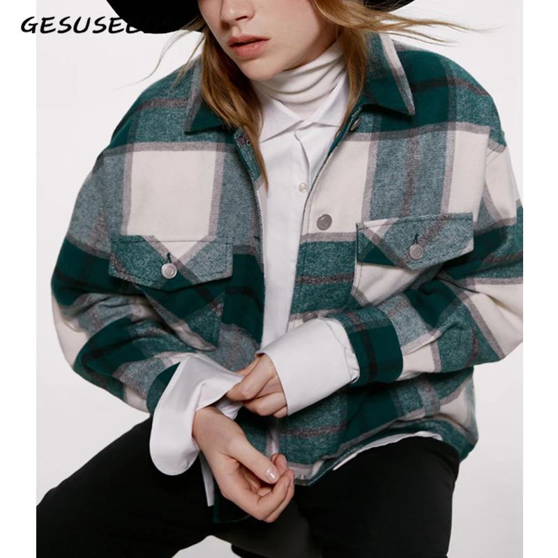 Зимние пальто и куртки женские зеленые клетчатые свободного размера плюс