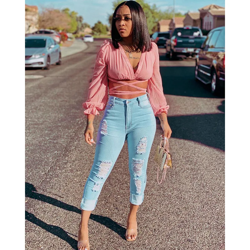 

Pink Cross Lace Up Fashion Chiffon Cropped Top for Women Deep V Neck Long Puff Sleeve Slim T-Shirt Streetwear Girl Bandage Tee