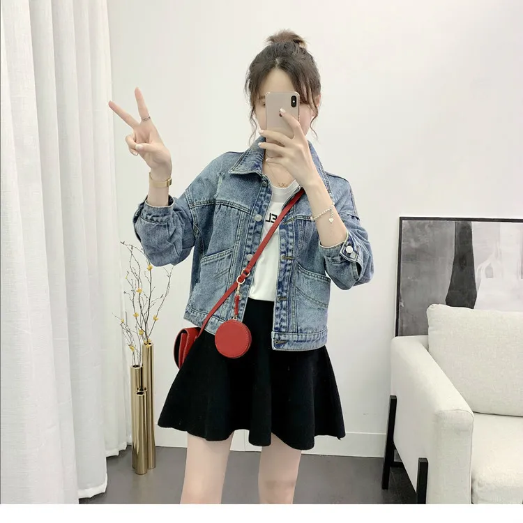 

Coats Korea Style Plus Size Blue Short Denim Jacket 2020 Spring New Full Sleeve Turn-down Collar Loose Women Cowboy
