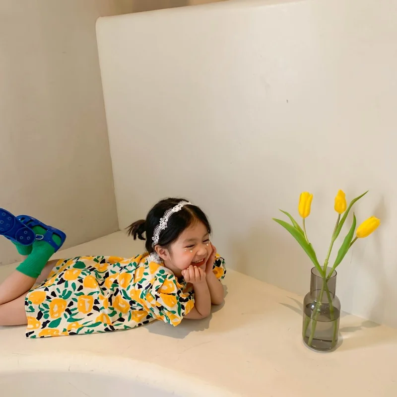 Детское Хлопковое платье с коротким рукавом и цветочным принтом | Детская одежда