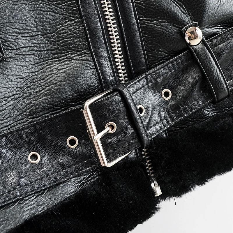 

Fitaylor Autumn Winter Women Faux Lamb Leather Jacket Streetwear Loose Moto Biker Black Coat Thick Warm Punk Style Outwear