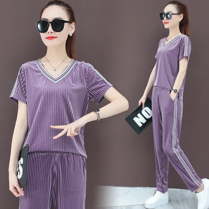 Бархатный спортивный костюм для женщин летняя мода большие размеры рубашки с