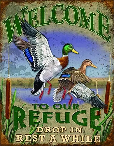 

Metal Sign Retro Welcome to Our Refuge and Take A Rest. Outdoor Bar Man Cave Garage Poster Metal Decoration 12x8 Inches