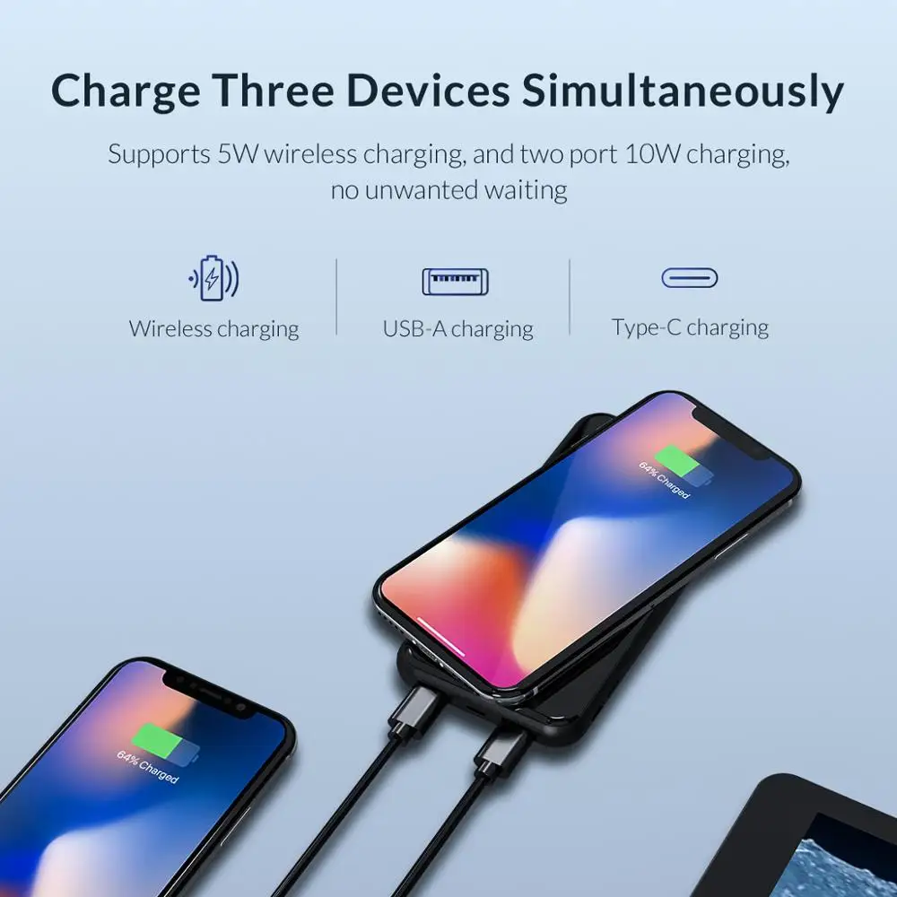 Внешний аккумулятор ORICO на 8000 мА · ч с USB Type-C и поддержкой беспроводной зарядки |